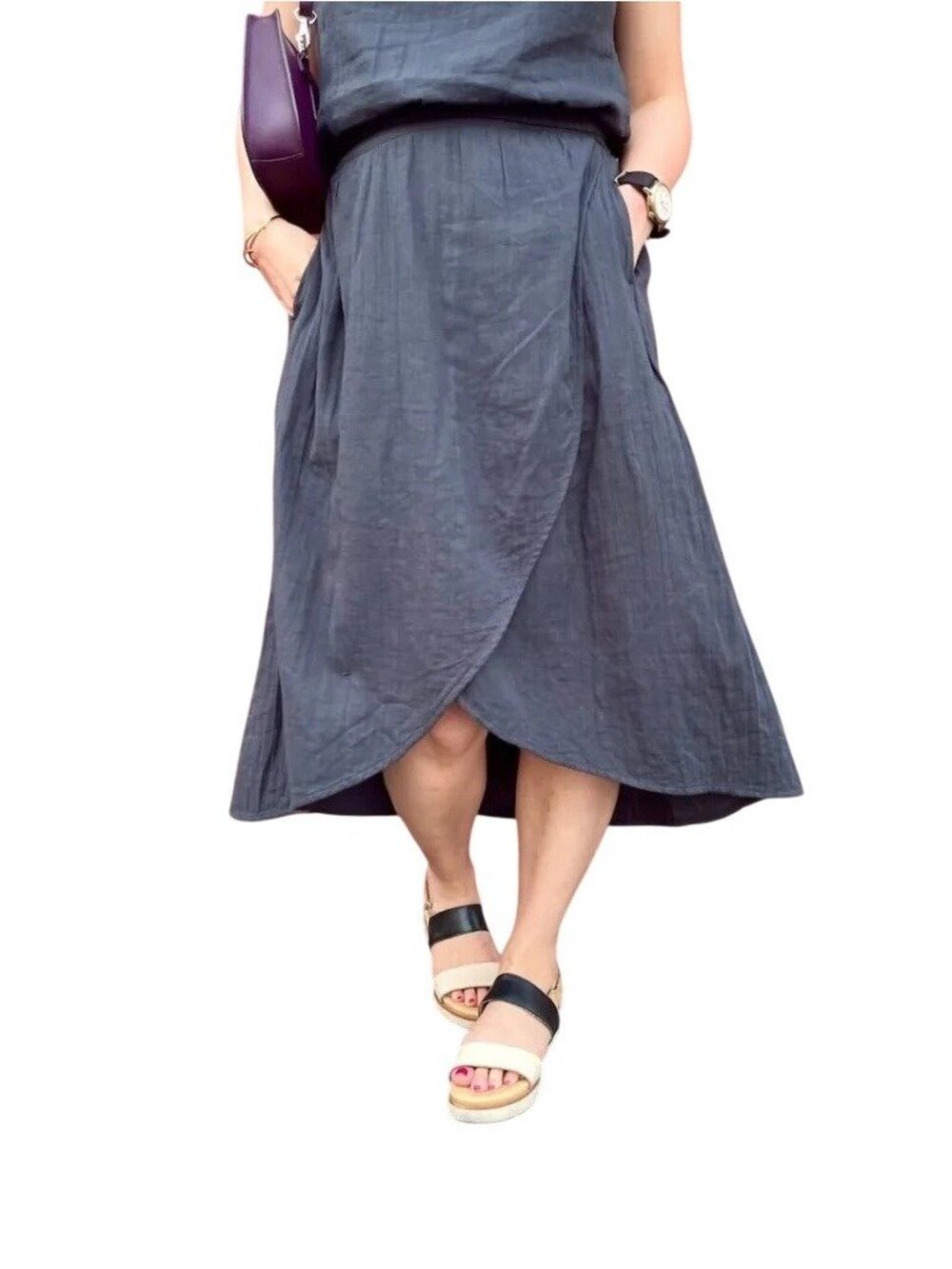 Pact Gauze Wrap Skirt Medium M Organic Cotton Tulip Midi Black Coastal Pockets